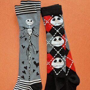 Two Pairs of Nightmare Before Christmas Knee-High Socks Gray, White, Black, Red